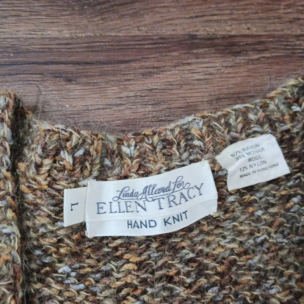 Linda Allard Ellen Tracy Hand Knit Mohair Wool Blend Long Sweater Vest Brown L